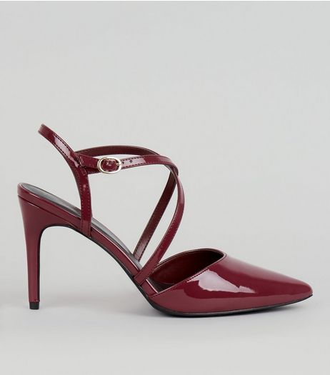 Dark Red Patent Cross Strap Pointed Heels | New Look