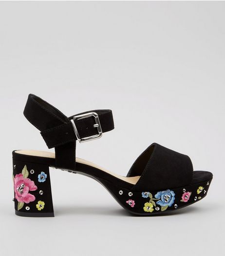 Teens Black Suedette Floral Embroidered Platform Heels | New Look