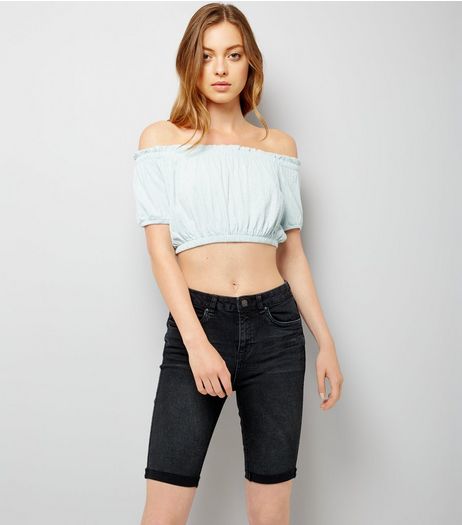 Pale Blue Shirred Bardot Neck Crop Top | New Look