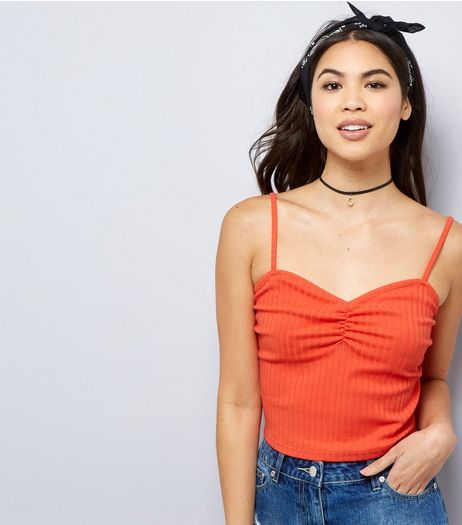 Orange Ribbed Lace Up Back Cami | New Look