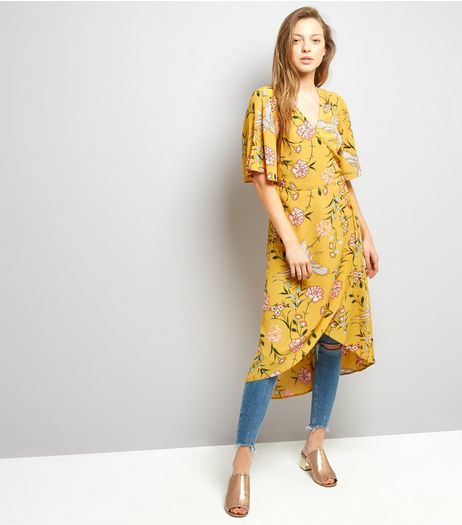Yellow Floral Print Wrap Front Midi Dress | New Look