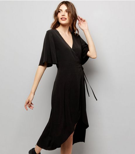 Black Wrap Front Midi Dress | New Look