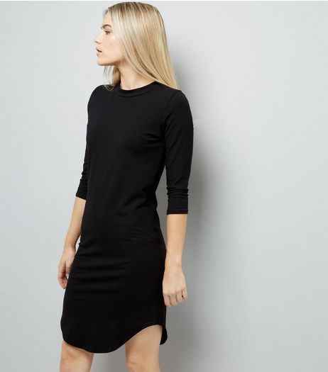 Black 3/4 Sleeve Curved Hem Dress | New Look