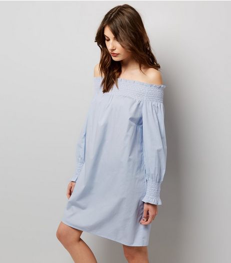 Pale Blue Shirred Bardot Neck Dress | New Look
