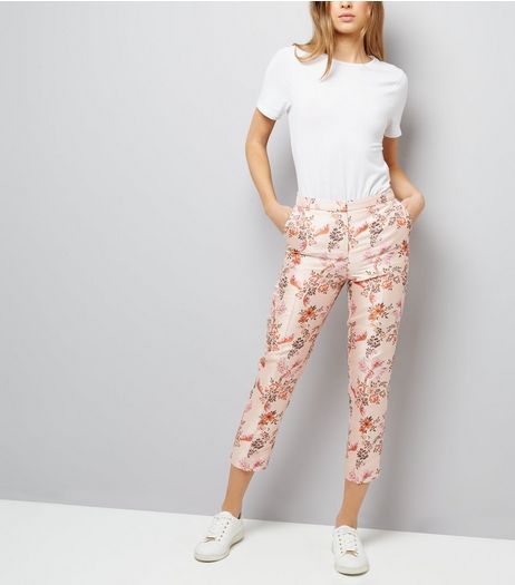 Pink Satin Floral Bird Jacquard Trousers | New Look