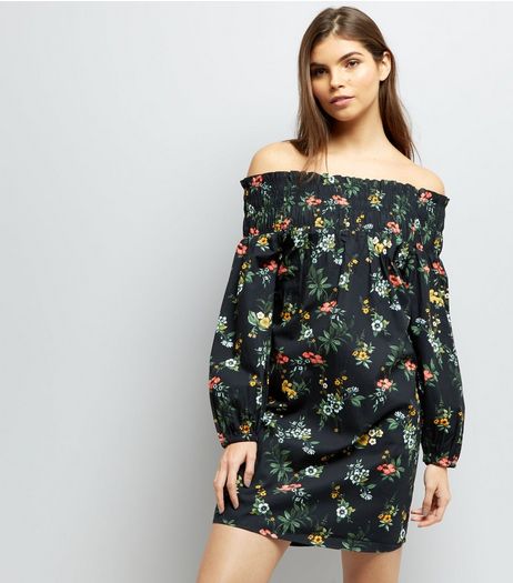 Black Floral Print Shirred Bardot Neck Dress | New Look