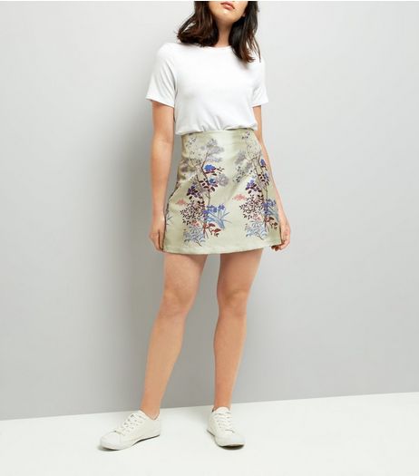Mint Green Sateen Floral Jacquard Skirt | New Look