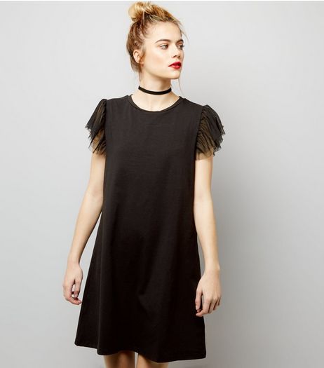 Black Tulle Sleeve T-Shirt Dress | New Look