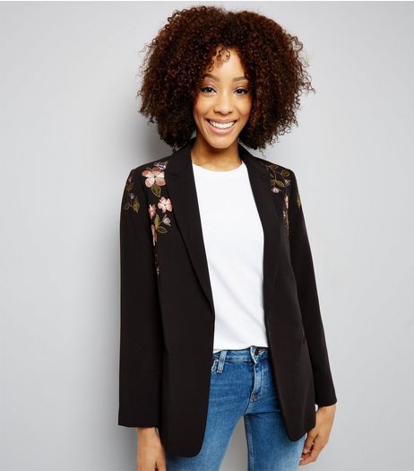 Black Floral Embroidered Blazer | New Look