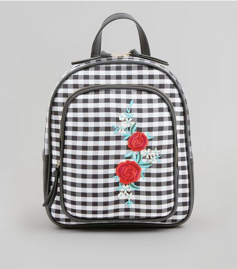 Black Gingham Floral Embroidered Badge Backpack | New Look