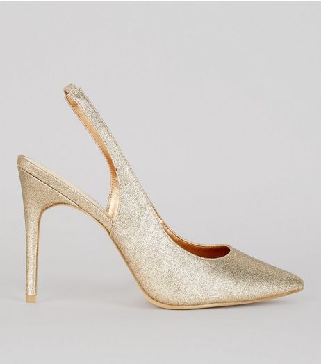 Wide Fit Gold Glitter Pointed Sling Back Heels | New Look