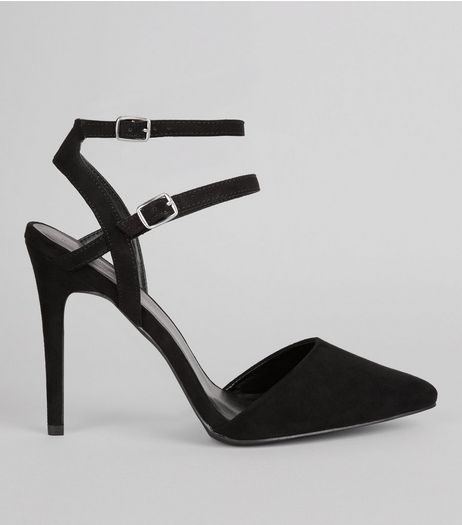 Wide Fit Black Suedette Double Strap Pointed Heels | New Look