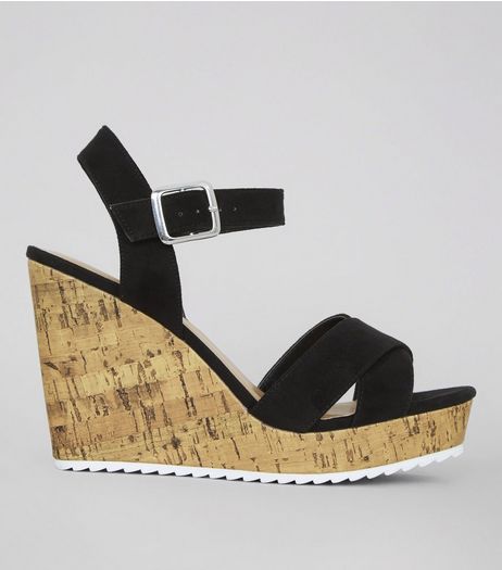 Wide Fit Black Suedette Sporty Wedge Heels | New Look