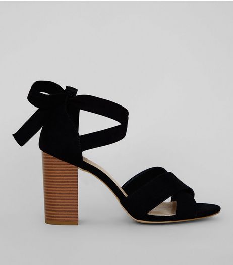 Wide Fit Black Comfort Suedette Ankle Tie Block Heels | New Look
