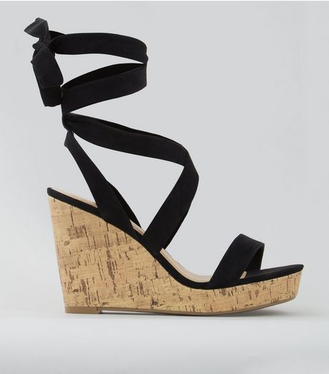 Wide Fit Black Ankle Tie Heeled Wedge Sandals | New Look