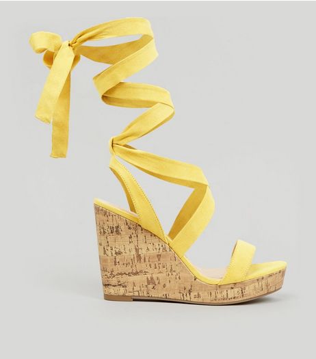 Wide Fit Yellow Ankle Tie Heeled Wedge Sandals | New Look