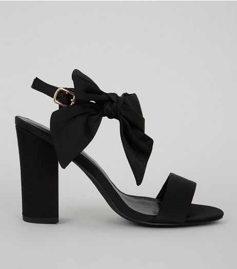 Black Satin Bow Side Heeled Sandals | New Look
