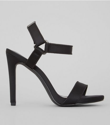 Black Satin Velcro Strap Heeled Sandals | New Look