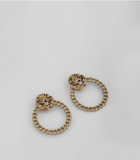 Gold Chain Lion Head Hoop Earrings | New Look