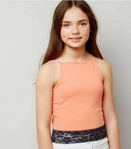 Teens Coral Contrast Lace Hem Cami | New Look