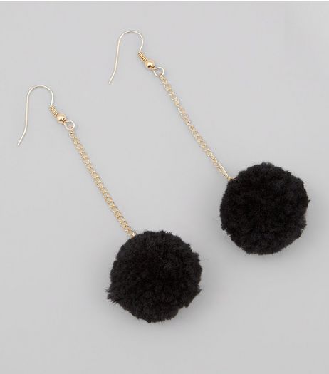 Black Pom Pom Drop Earrings | New Look