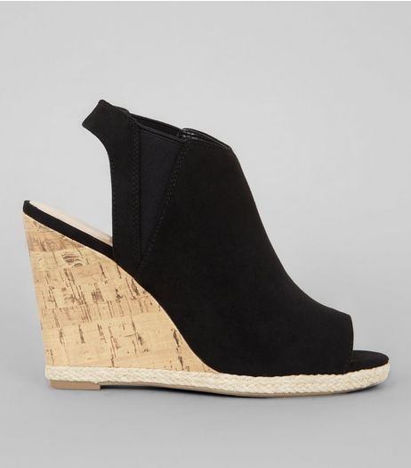 Black Suedette Peep Toe Wedged Heels | New Look