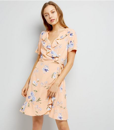 Pink Floral Print Frill Trim Wrap Dress | New Look