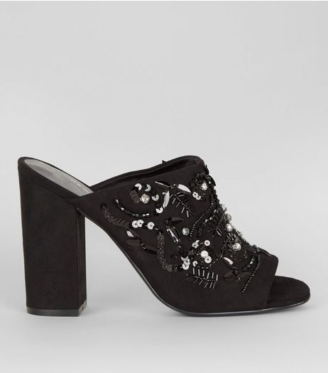 Black Suedette Embellished Block Heeled Mules | New Look