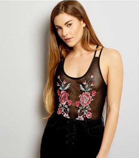 Cameo Rose Black Floral Embroidered Bodysuit | New Look