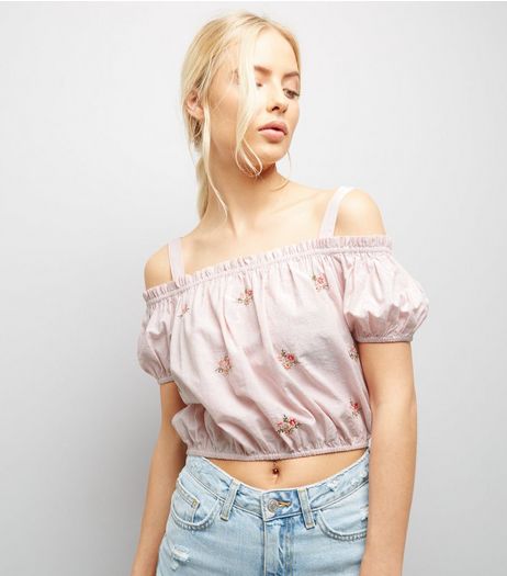 Pink Floral Embroidered Cold Shoulder Crop Top | New Look