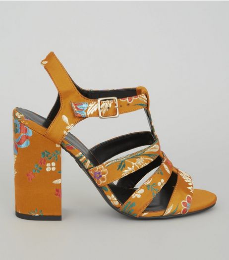 Yellow Satin Floral Brocade Gladiator Block Heels | New Look