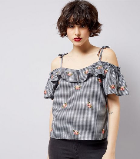 Black Gingham Floral Embroidered Cold Shoulder Top | New Look