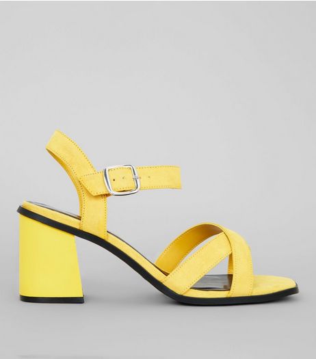 Wide Fit Yellow Suedette Square Toe Block Heels | New Look