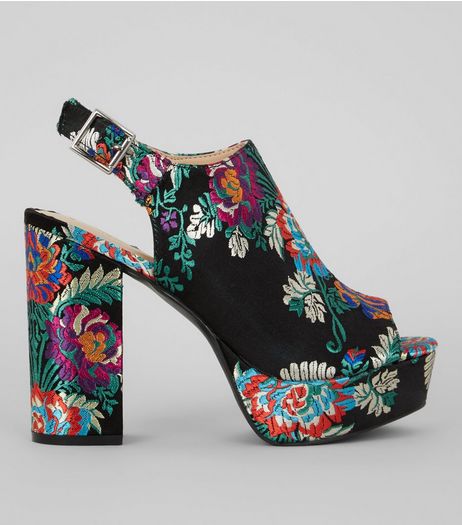 Black Floral Brocade Platform Heels | New Look