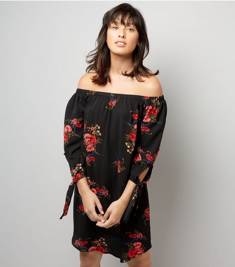 Cameo Rose Black Floral Print Bardot Neck Dress | New Look