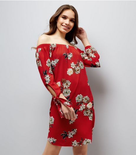 Cameo Rose Red Floral Print Bardot Dress | New Look