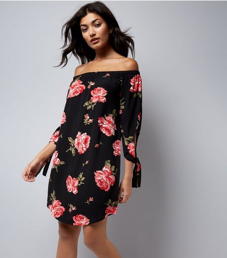 Cameo Rose Black Floral Print Bardot Neck Dress | New Look