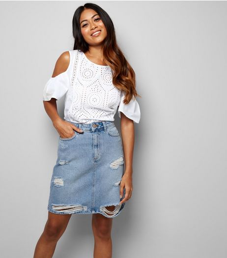 Petite Pale Blue Denim Ripped Fray Hem Mini Skirt | New Look