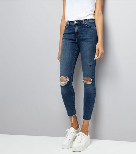 Blue Ripped Fray Hem Skinny Shaper Jeans | New Look