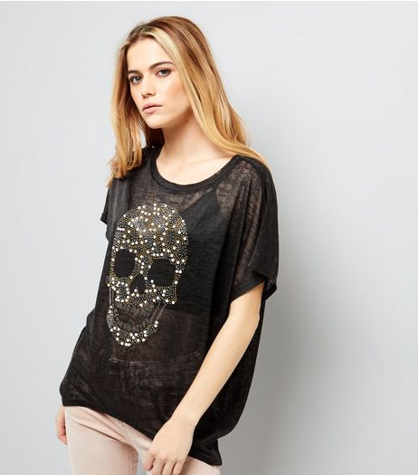 Blue Vanilla Black Studded Skull Print T-Shirt | New Look