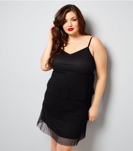 Curves Black Pleated Spot Mesh Tiered Dress | New Look