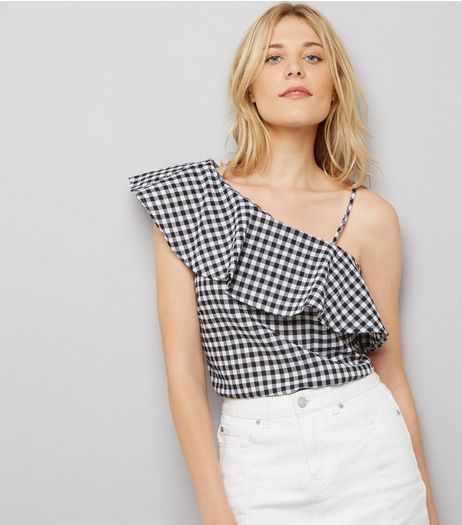 Tall Black Gingham One Shoulder Top | New Look