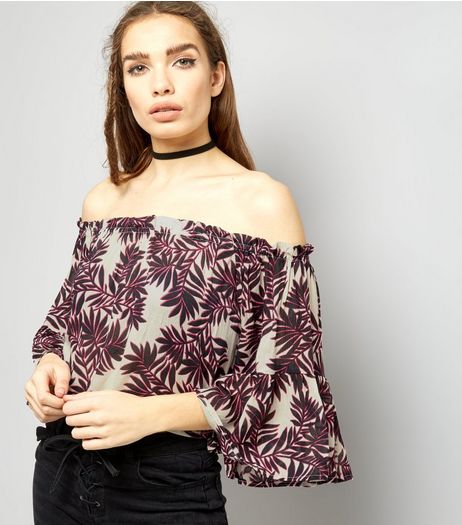 Brave Soul Pink Leaf Print Bardot Neck Top | New Look