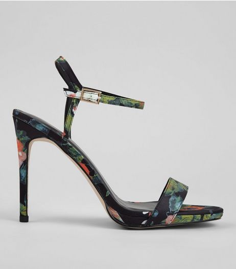 Black Floral Print Heeled Sandals | New Look