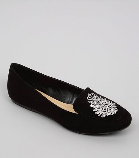 Black Suedette Metallic Embroidered Tab Slippers | New Look