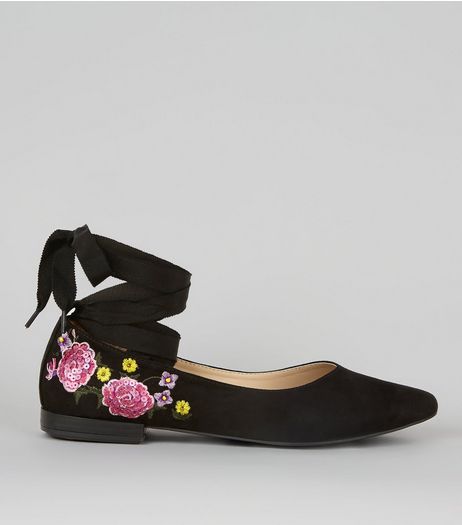 Black Suedette Floral Print Tie Up Ballet Pumps | New Look