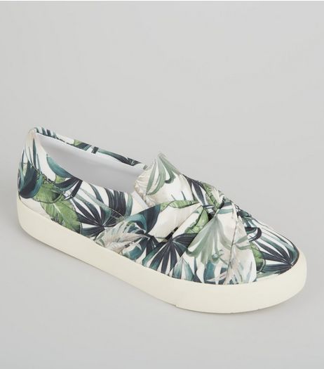 Cream Palm Print Knot Front Canvas Plimsolls | New Look