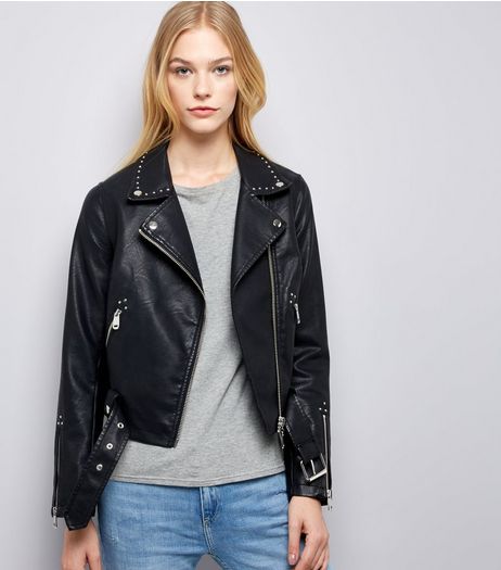 Black Studded Leather-Look Biker Jacket | New Look