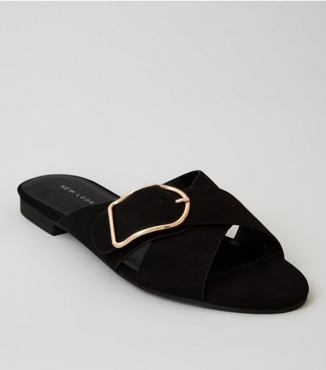 Black Suedette Cross Buckle Strap Mules | New Look