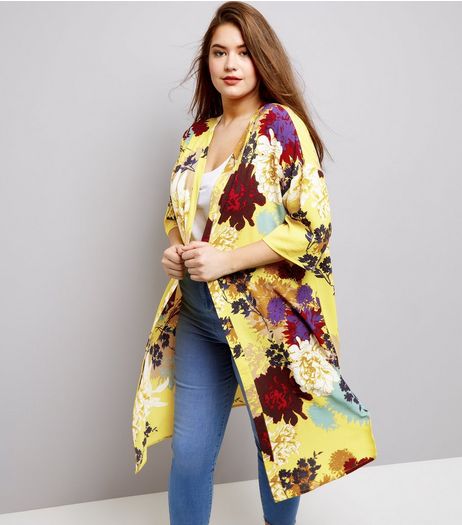 Curves Yellow Floral Print Kimono | New Look